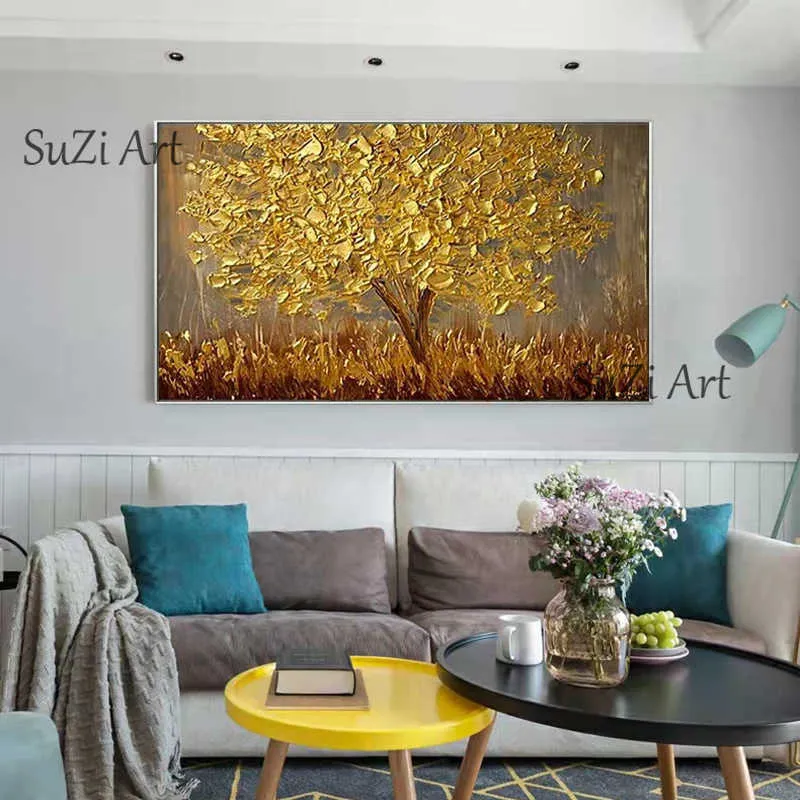 100 fait à la main grand or argent arbre peinture paysage moderne peinture à l'huile sur toile mur Art photo pour décor de bureau à domicile 2109279830873