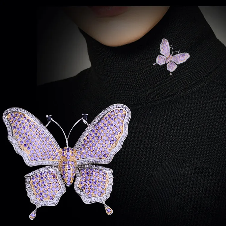 Han édition couleur papillon broches cuivre incrustation zircon violet femmes une broche de corsage accessoires de vêtement