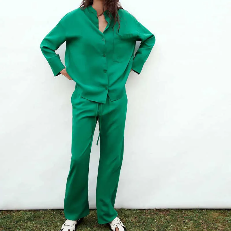 WXWT Za Set casual da donna verde Tasca Decorata Camicia oversize Pantaloni Completo 2 pezzi Top solido e abiti OZZ1042 210930
