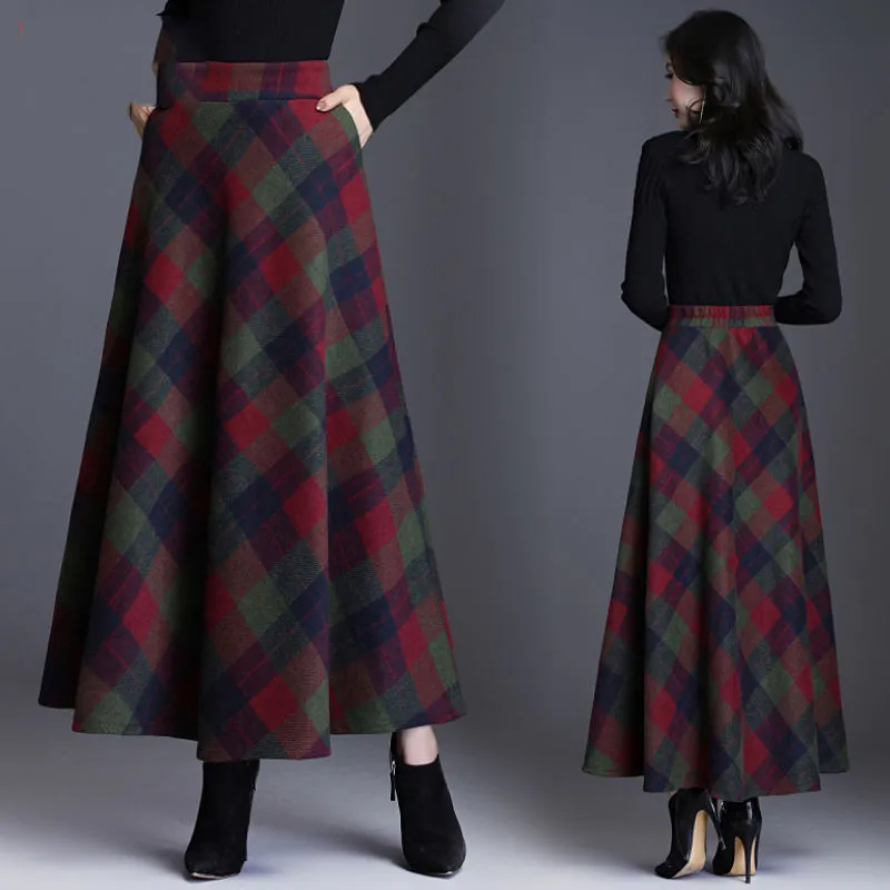 Plaid Hohe Taille Lange Röcke Für Frauen Herbst Winter Elegante Koreanische Mode Maxi Mom Plus Größe 3XL Casual Lose Wolle 210421