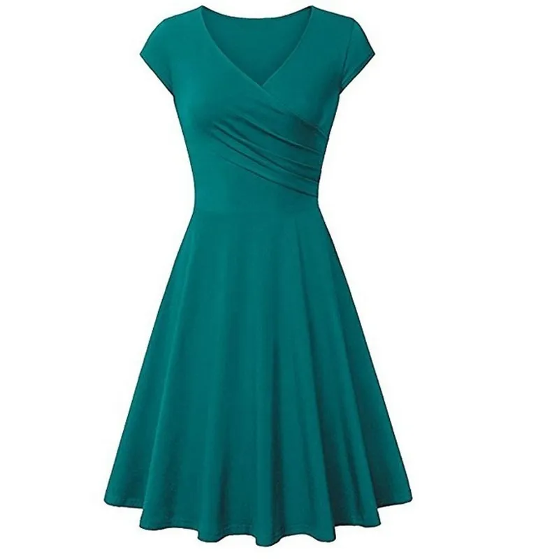 Plus Größe Sommer Swing Kleid Frauen Vintage Casual Geraffte V-ausschnitt Kurzarm Hohe Taille Schlank Mini A-Linie Kleider weibliche Vestidos 210522