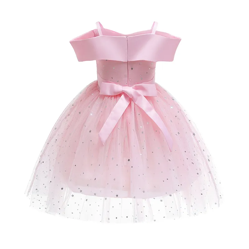 Girls Party Shoulderless Costume Fashion Kids Baby Stars Sequined Princess Dresses Bow Sashes Vestidos 210429