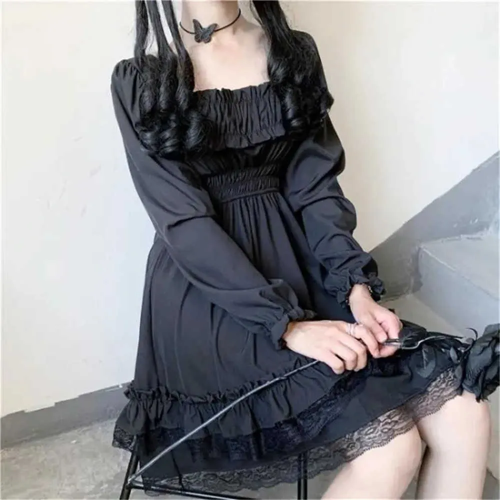 Japońska Lolita Plus Size 4xl Księżniczka Czarna mini sukienka Kobiety wysokiej talii Gothic Sukienka Puff Rlewa koronkowe sukienki imprezowe 210619