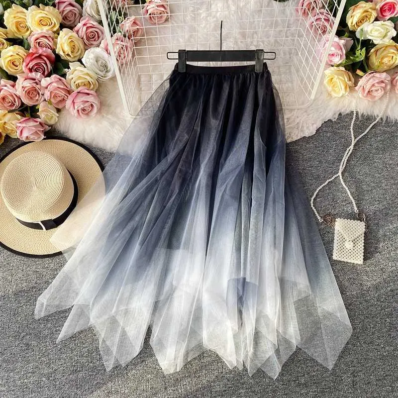 Kjolar kvinnor oregelbundet dubbel lager blå gradient mesh kjol sommar smal hög midja mittlängd retro elegant mujer faldas koreanska 210610