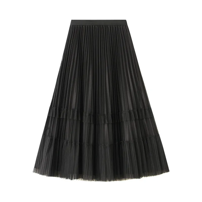 Femmes Midi A-ligne plissée jupes corée Tulle jupe femmes printemps été mode élastique taille haute maille Tutu 210524