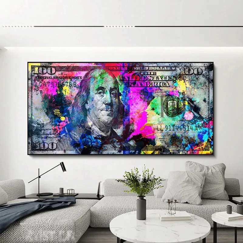 Złota ścian sztuka nowoczesna popularna kolorowa setka pieniędzy na płótnie malowanie quadro street sztuka streszczenie plakat na ścianę wystrój domu