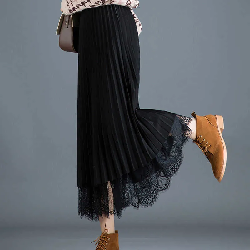 Women Vintage Long Lace Tulle Skirts Autumn Hollow Out Black Spring Pleated Skirt Plus Size Elastic Waist Midi skirts 210619