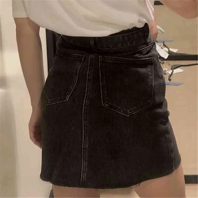 Streetwear Women Denim A-Line Kjolar Mode Ladies Pocket Belt kjol Elegant Kvinna Chic Bomull 100% Patchwork 210427