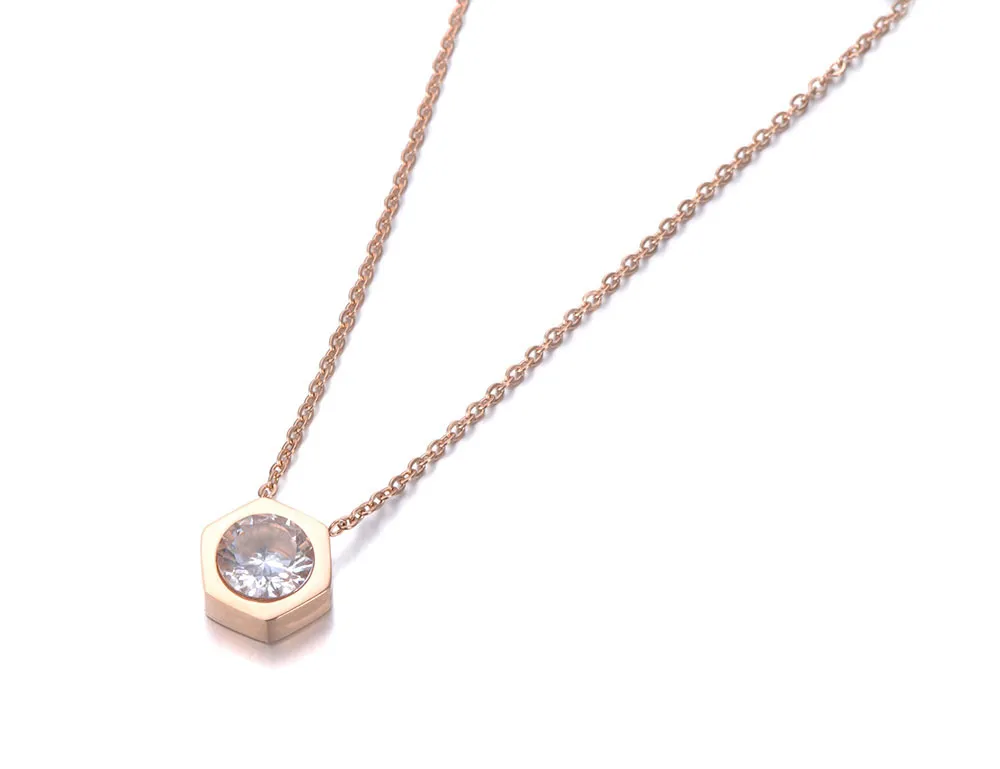 Lokaer OL Стиль розовый золотой шестигранник геометрия кулон ожерелье из нержавеющей стали CZ Crystal ClexaRte ювелирные изделия для женщин девушки N19041