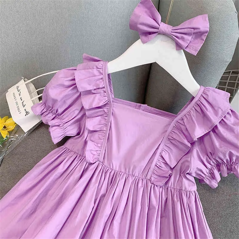 Été filles robe mode enfants vêtements manches bouffantes à volants princesse mignon violet enfants avec arc 210515