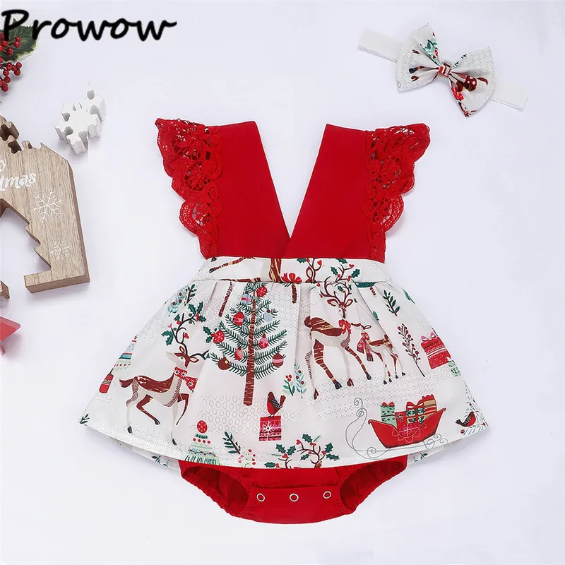 Prowow私の最初のクリスマスの女の赤ちゃん服クリスマスプリントロンパースVネックレースボディスーツfor Borns Year Costume 220211