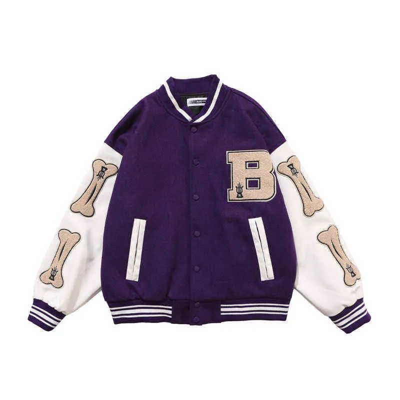 Hip Hop Streetwear Baseball Jacket Coat Brev B Bone Broderi Standup Krage Japansk Streetwear Bomber College Jacka 211029