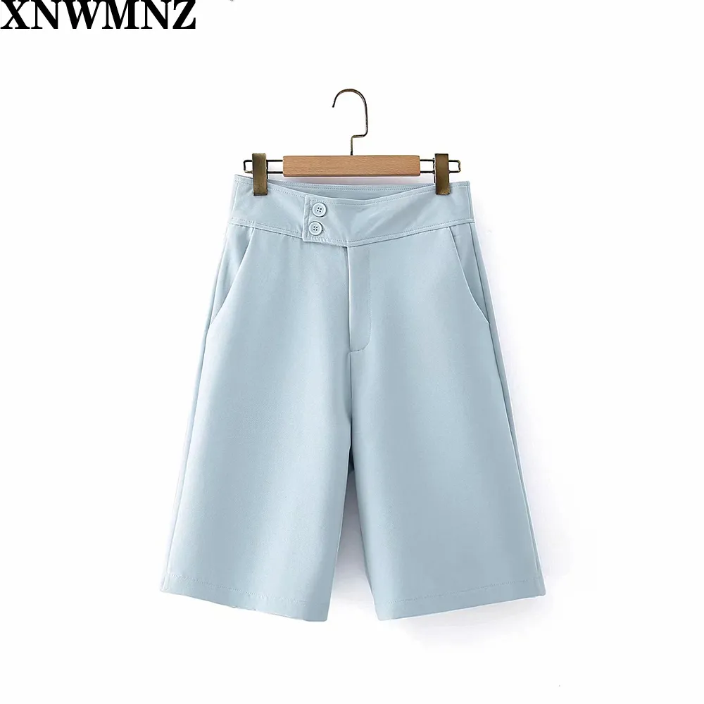 Fashion wild pocket solid color suit jacket + high waist was thin and simple wide leg shorts two-piece female 210520