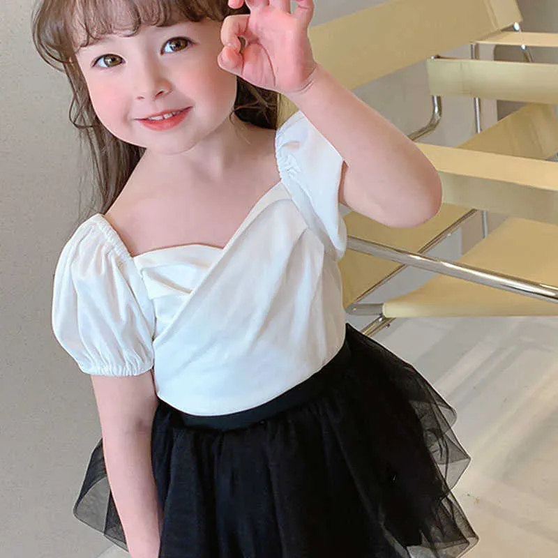 Mädchen Sommer Puff Kurzarm T-Shirt Baby Mode Stil Kinder Kleidung Einfache Elegante Kleidung Tops 210625