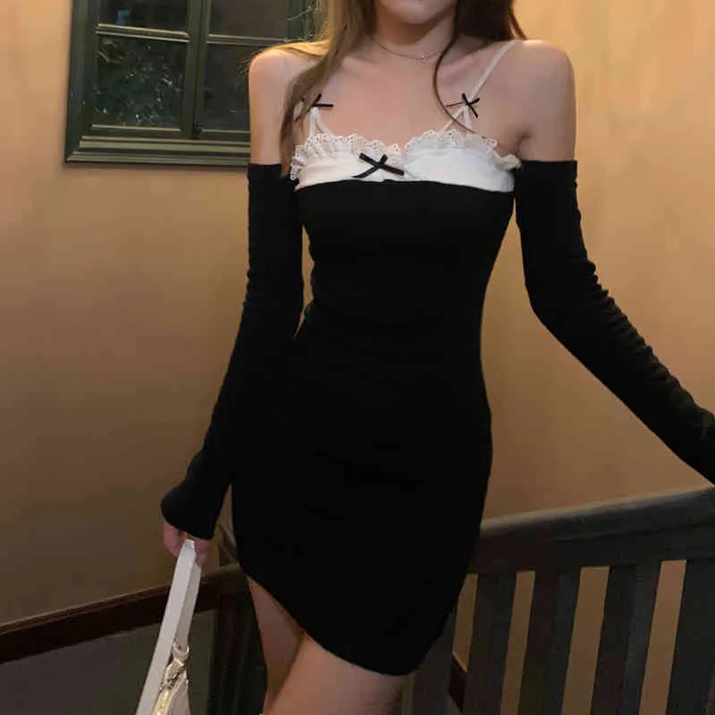 French Mini Dress Women Casual Spaghetti Strap Elegant Y2k Dress Female Slim Sexy Patchwork Dress Korean Spring 210521