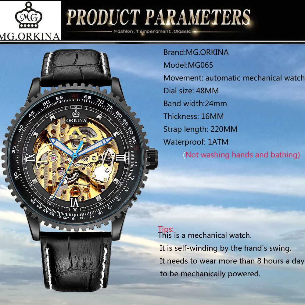 Orkina grande dial esqueleto automático relógios mecânicos homens pulseira de couro preto masculino relógios de pulso homem relógio relogio masculino 2107229g
