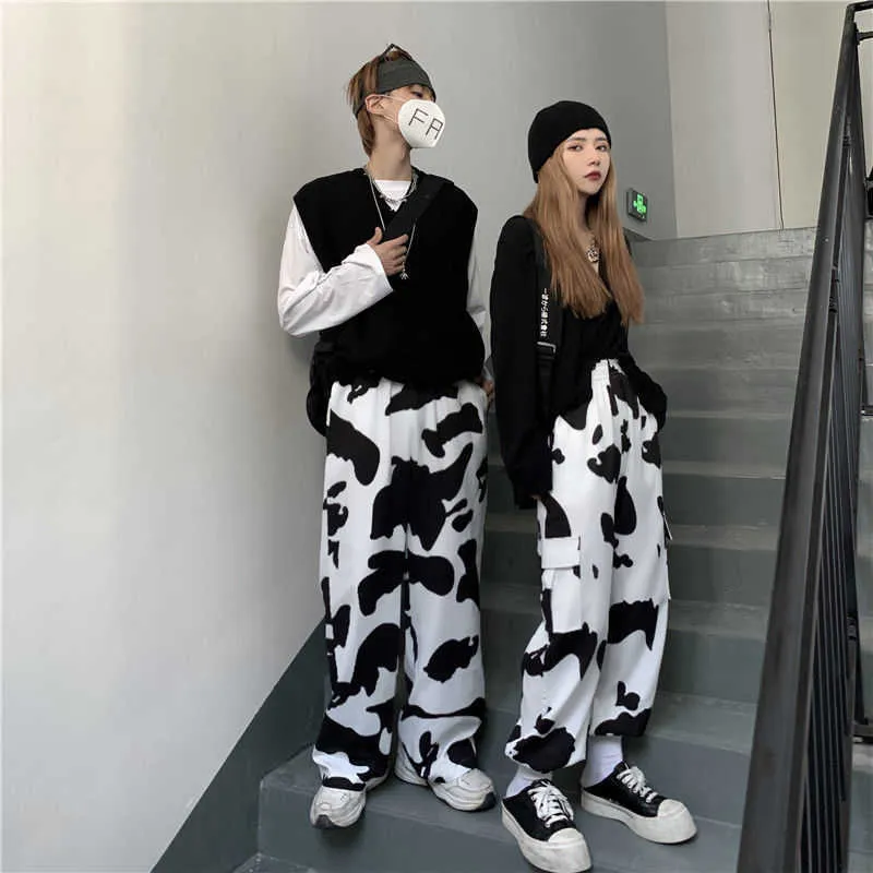 HOUZHOU Cow Print Wide Leg Cargo Pants Women Oversize Harajuku Korean Fashion Streetwear Straight Trousers For Female Palazzo 210925