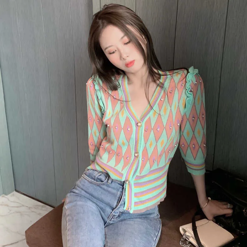 Korobov Summer Thin Knitted Women Cardigans Korean Short Sleeve V Neck Sweaters Vintage Elegant Outwear Knitwear 211011