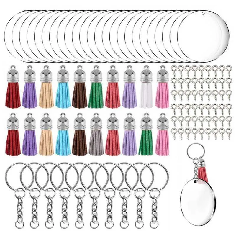 200 stks Acryl Sleutelhanger Blanks Kit met sleutelhangers Jump Rings Round Clear Discs Cirkels Kleurrijke Tassel Hangers voor DIY H0915