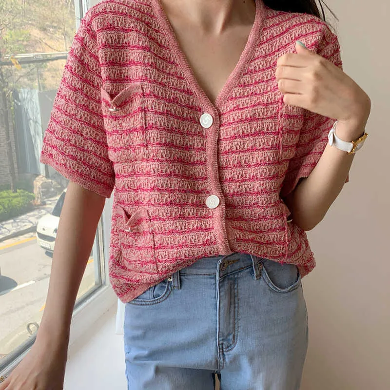 Korejpaa Women Sweater Summer Korean Chic Retro Temperament V-Neck Multi-Pocket Loose Button Short-Sleeved Knitted Cardigan 210526