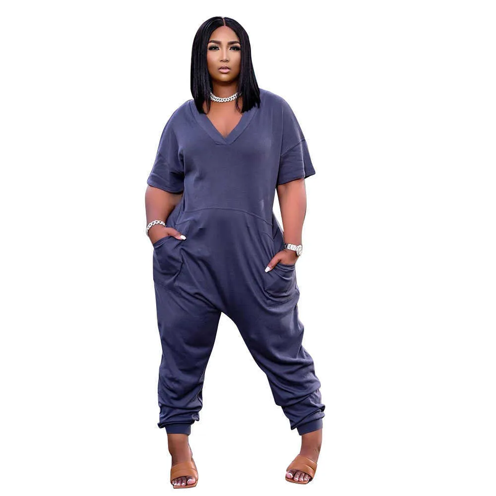 5 XL Plus Size Jumpsuit Moda Pocket Sexy V Neck Casual High Street Cor Sólida Calças de Cores Mulheres Atacado 211022