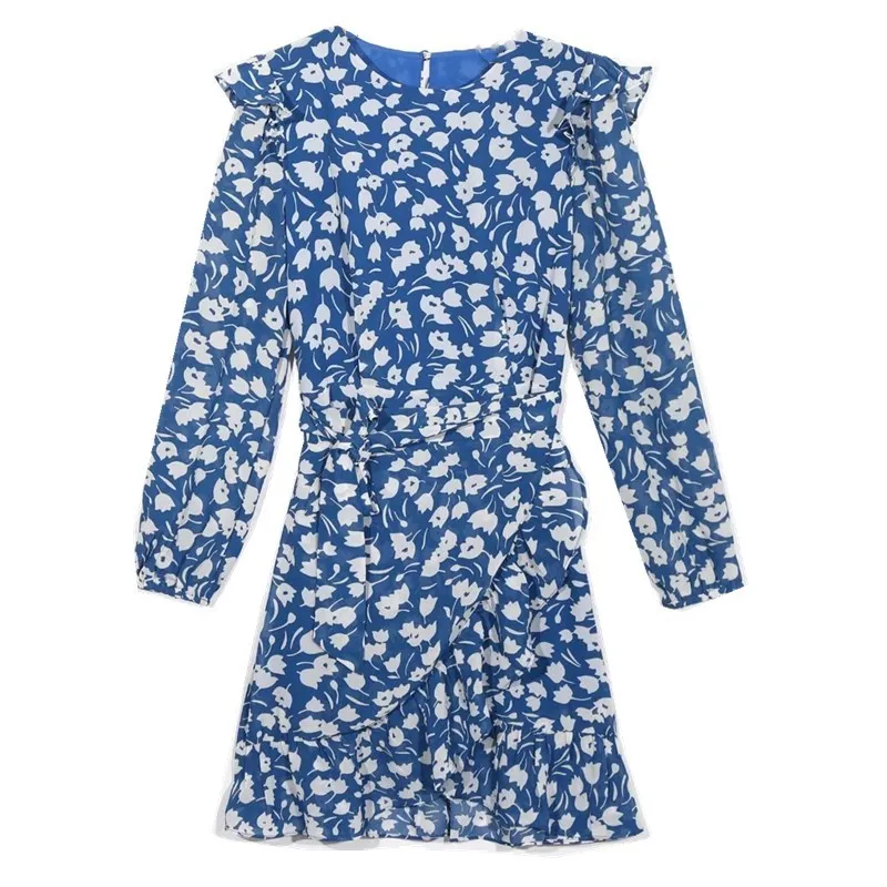 Rétro bleu blanc imprimé fleuri laçage ceintures manches longues robe courte femme Vintage français en mousseline de soie Mini robes vacances 210429