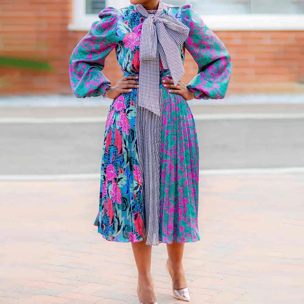 Frauen bedrucktes Kleid Big Bowtie Kragen Blumen Lange Ärmel Plissee A-Linie Plus Size Elegantes weibliches Büro Classy African Fashion 210416