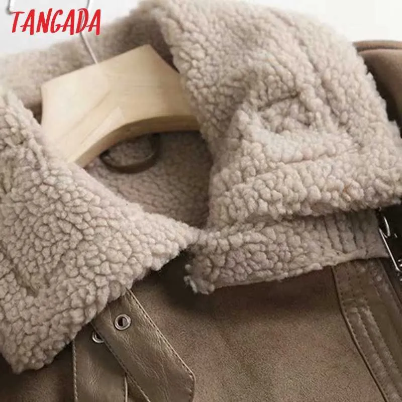 Tangada Winter Femmes Brown Fourrure Faux Cuir Veste Manteau avec ceinture Dames Épais Chaud Manteau surdimensionné 5B02 210914
