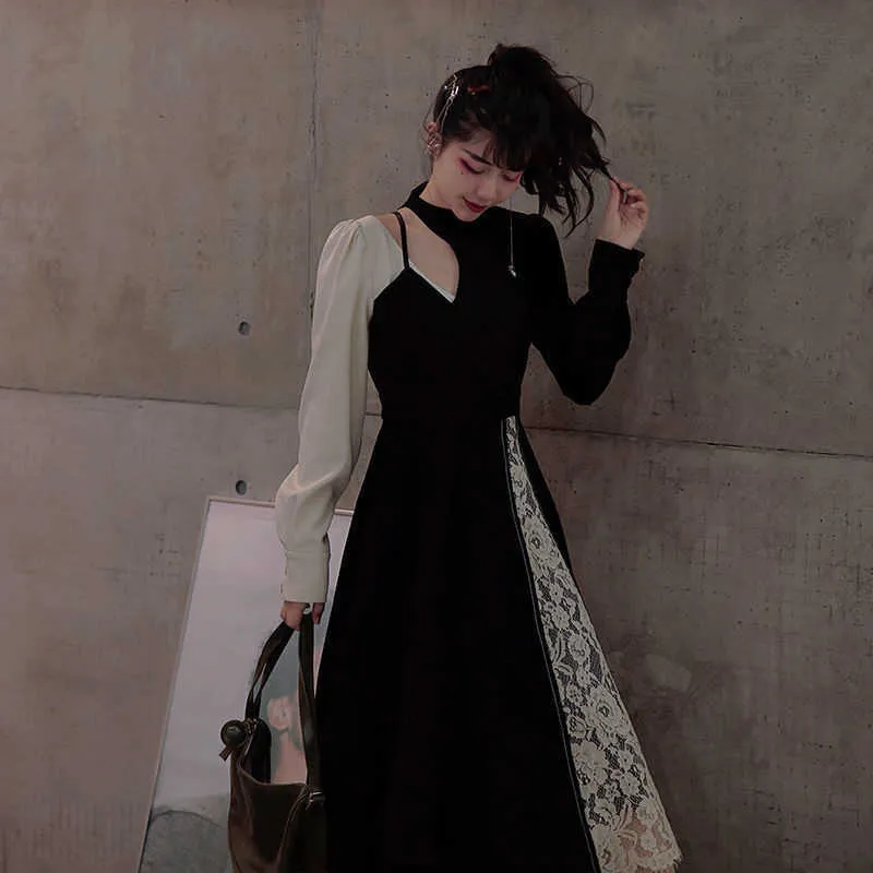 High Quality Lace Long Sleeve Dress Spring Fashion Temperament Vintage Dress Slim Plus Size Harajuku Black Party Dress 210619