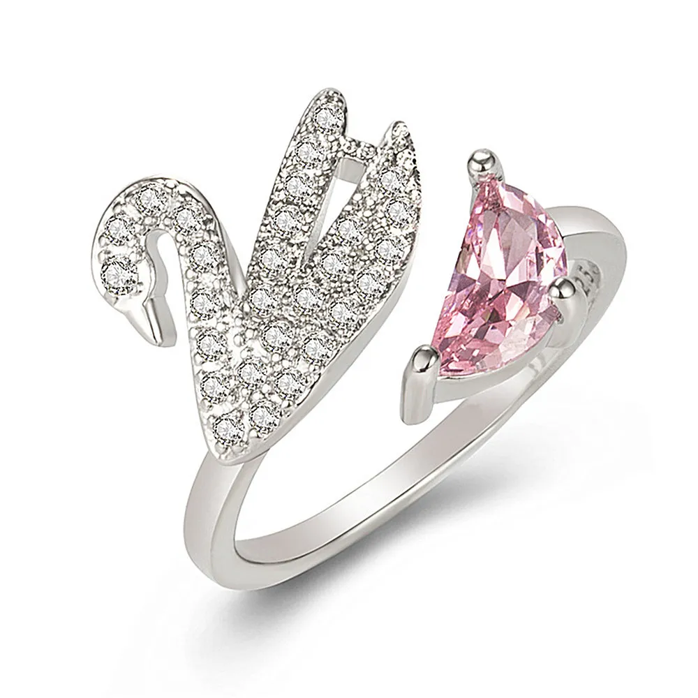 Chic Swan Design Rosa Crystal Zircon diamanter ädelstenar öppna ringar för kvinnor vit guldfärg mode smycken bijoux gåvor