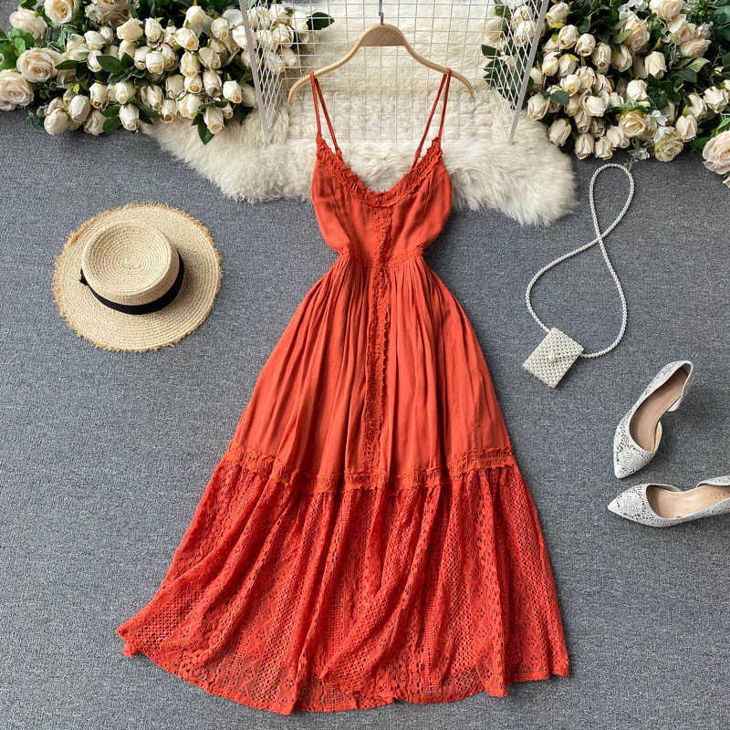 Deat Women Beach Style Lace Ruffles Suspender Dress Solid Färg V-Neck Open Back Slim Fashion Spring Summer 11B721 210709