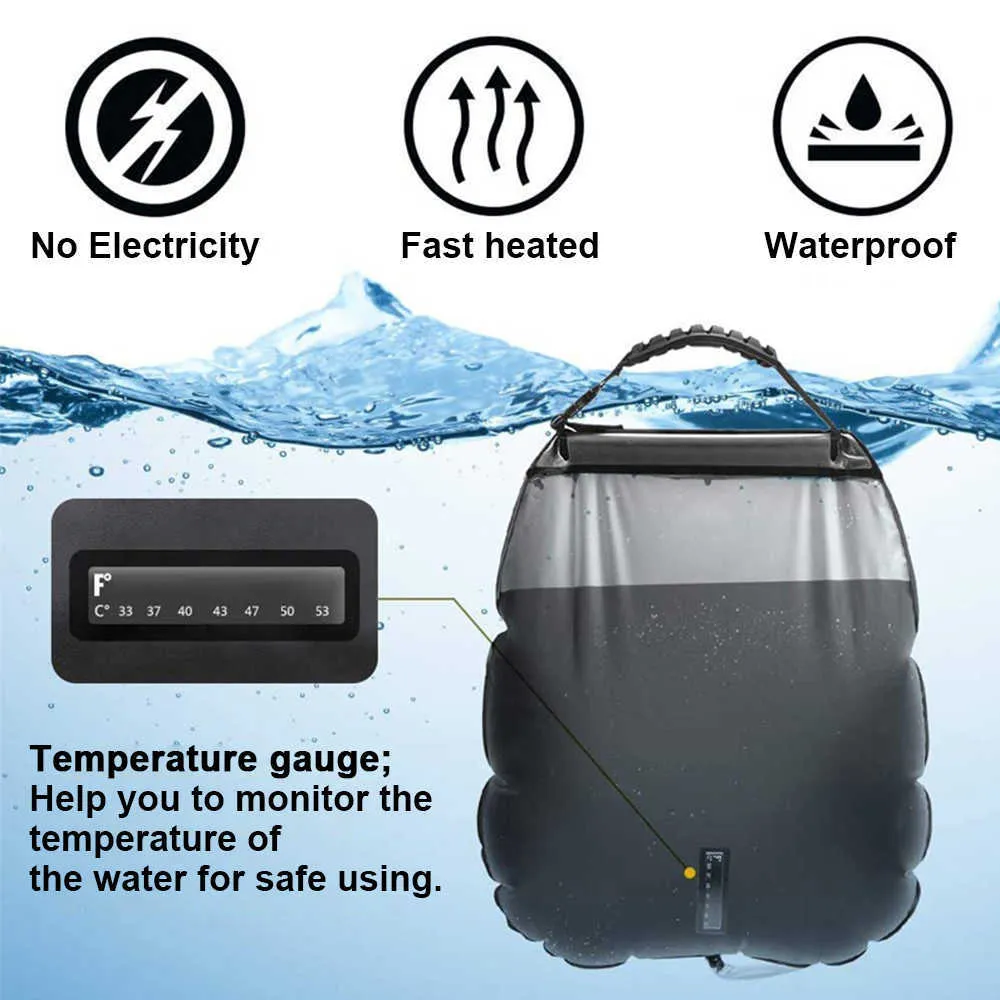 Bolsas de agua de 20L para acampar al aire libre, bolsa de ducha Solar, calefacción plegable, ducha de campamento, senderismo, escalada, bolsa de baño, cabezal de ducha conmutable Y0721