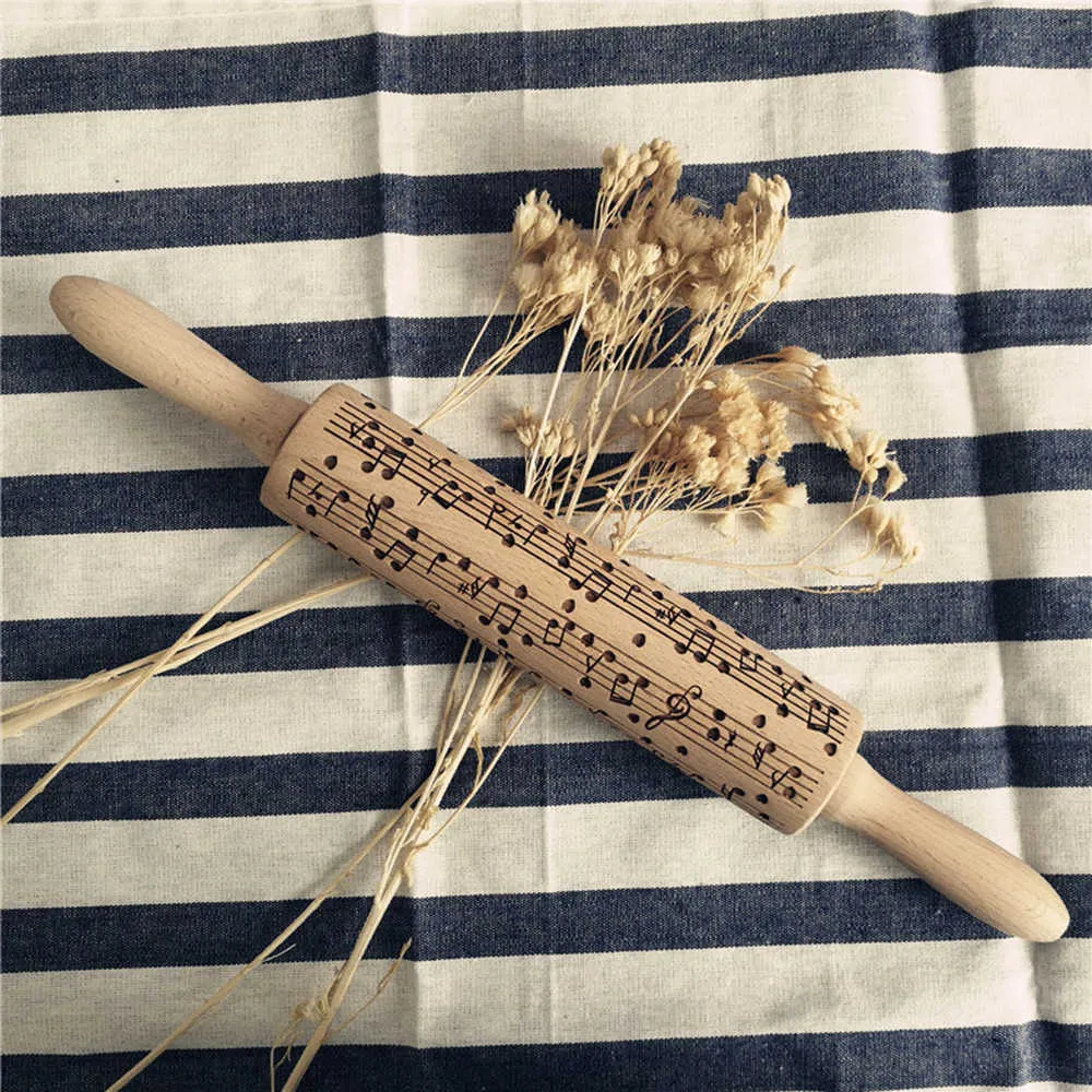 Rolling Pins Beech Christmas Rolling Pin Engraved Embossed Natural Notes Friendly Kitchen Accessories Tool Oct25 211008
