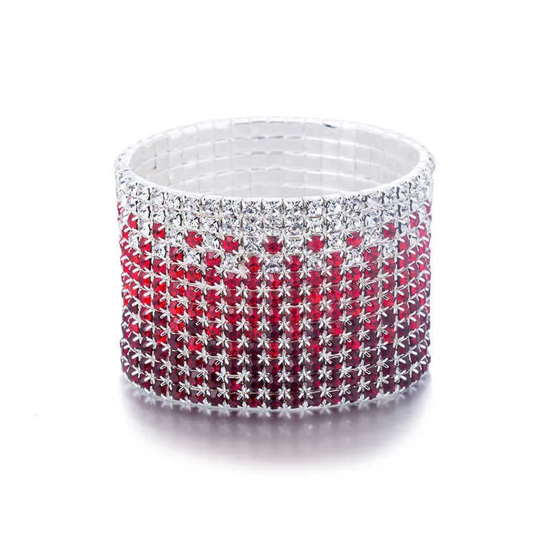 12 Rows Red and Clear Crystal Combination Wedding Bracelet Silver Plated Bridal Jewelry Rhinestone Stretch Bangles Bracelet (5)