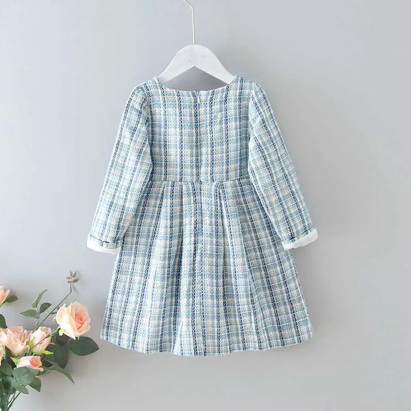 Koreaanse stijl lente kinderen meisjes jurk roze blauwe plaid lange mouw dame jurken kinderkleding E538 210610
