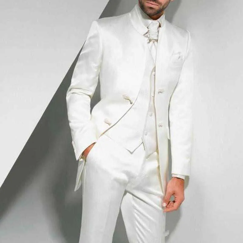 Vintage Long White Wedding Tuxedos för Groom Custom Formal Män Passar Weith Stand Collar Jacket Vest Pants Terno Fashion x0909