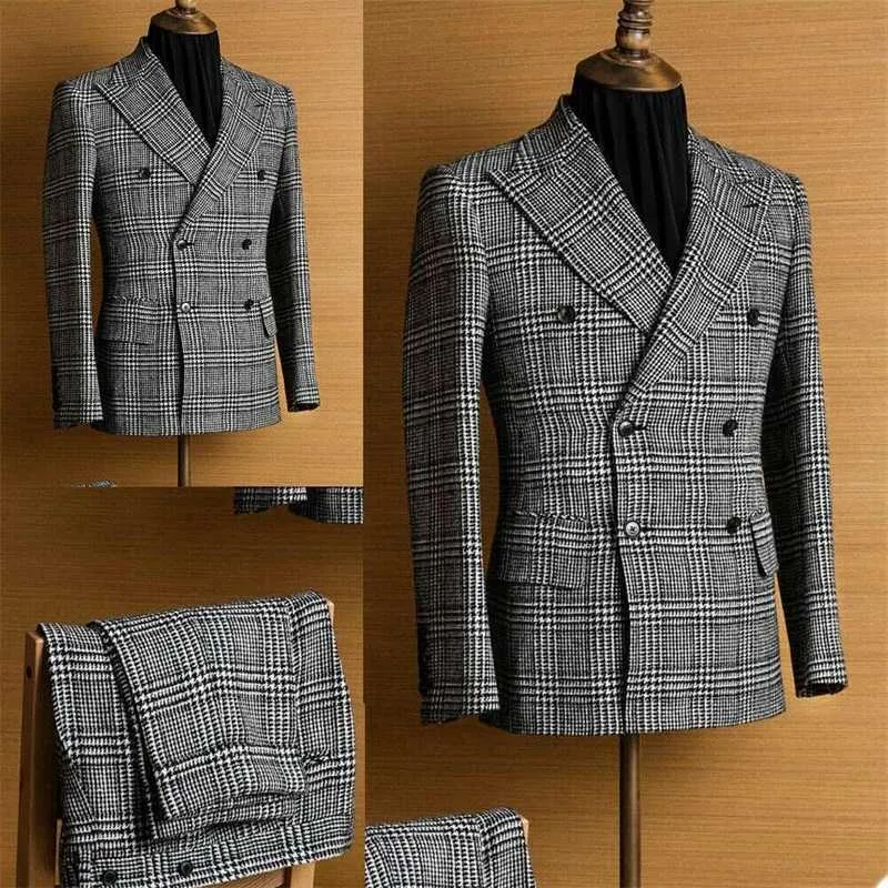 Nouveaux pièces Houndstooth Hommes Costumes Formal Custom Making Homme Costumes Manteaux d'affaires à double boutonnage moderne + PANTALON X0909