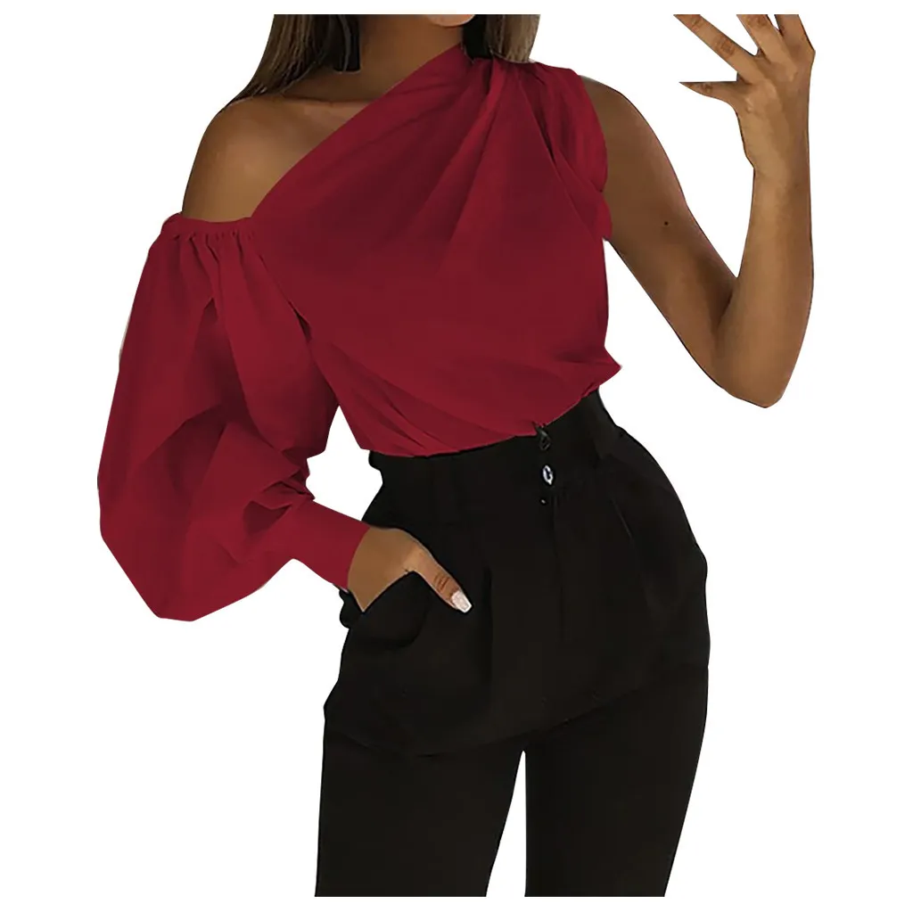 Femmes grande taille asymétrique sans bretelles solide hauts minces Blouse pull chemises Blusas Mujer De Moda 2021 Femmes X0521