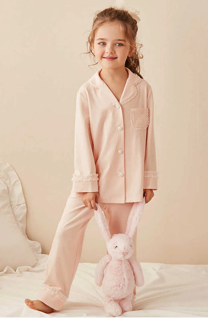 Ensembles de pyjama à col rabattu Lolita pour enfants filles. Hauts à manches longues + pantalons. Ensemble de pyjamas en dentelle pour enfants en bas âge.