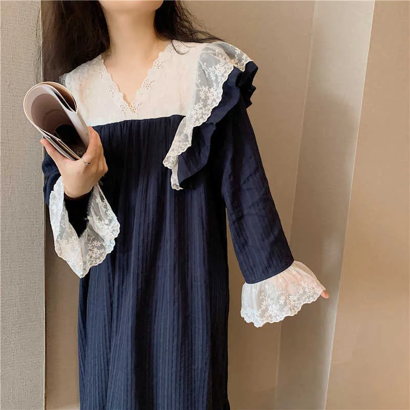 V-pescoço vestido vestido de laço impressão doce mulheres bonito chique confortável algodão coreano moda pijama camiseta 210525
