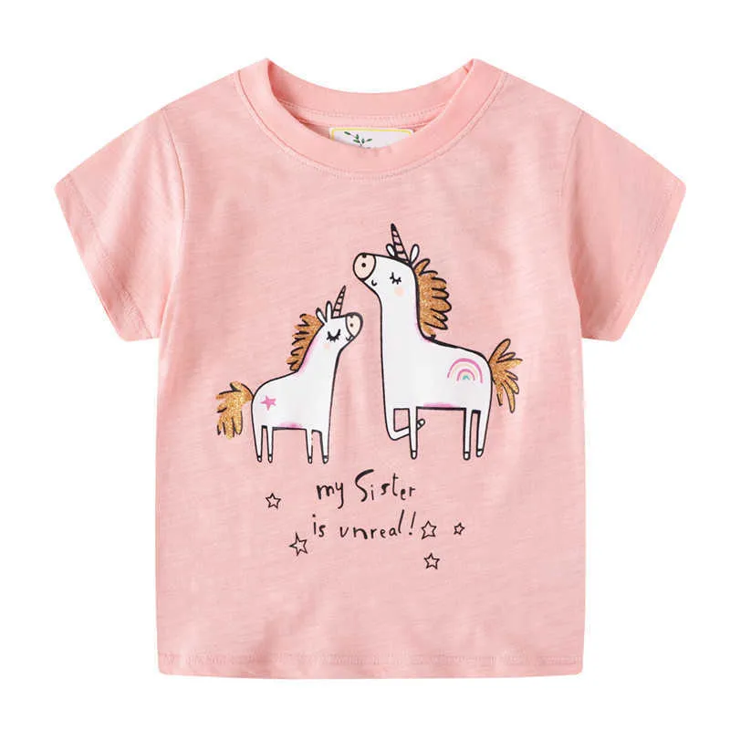 Salto metri Ragazze T-shirt in cotone rosa l'estate Stripe Abbigliamento bambini Animali Stampa Bambini Tops Tees 210529