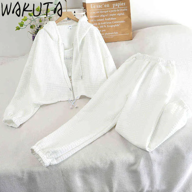 WAKUTA Casual Manches Longues Fermeture Éclair À Capuche Hoodies Base Cmais Taille Haute Pantalon Ensemble Femmes Printemps Automne Rue Sports Costumes 211106