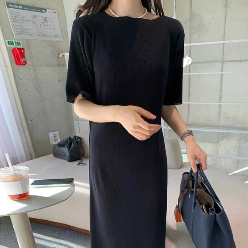 Korejpaa Women Dress Summer Ladies Francese Elegante temperamento pigro Girocollo Pit Strip Design Allentato Casual Split Vestidos 210526