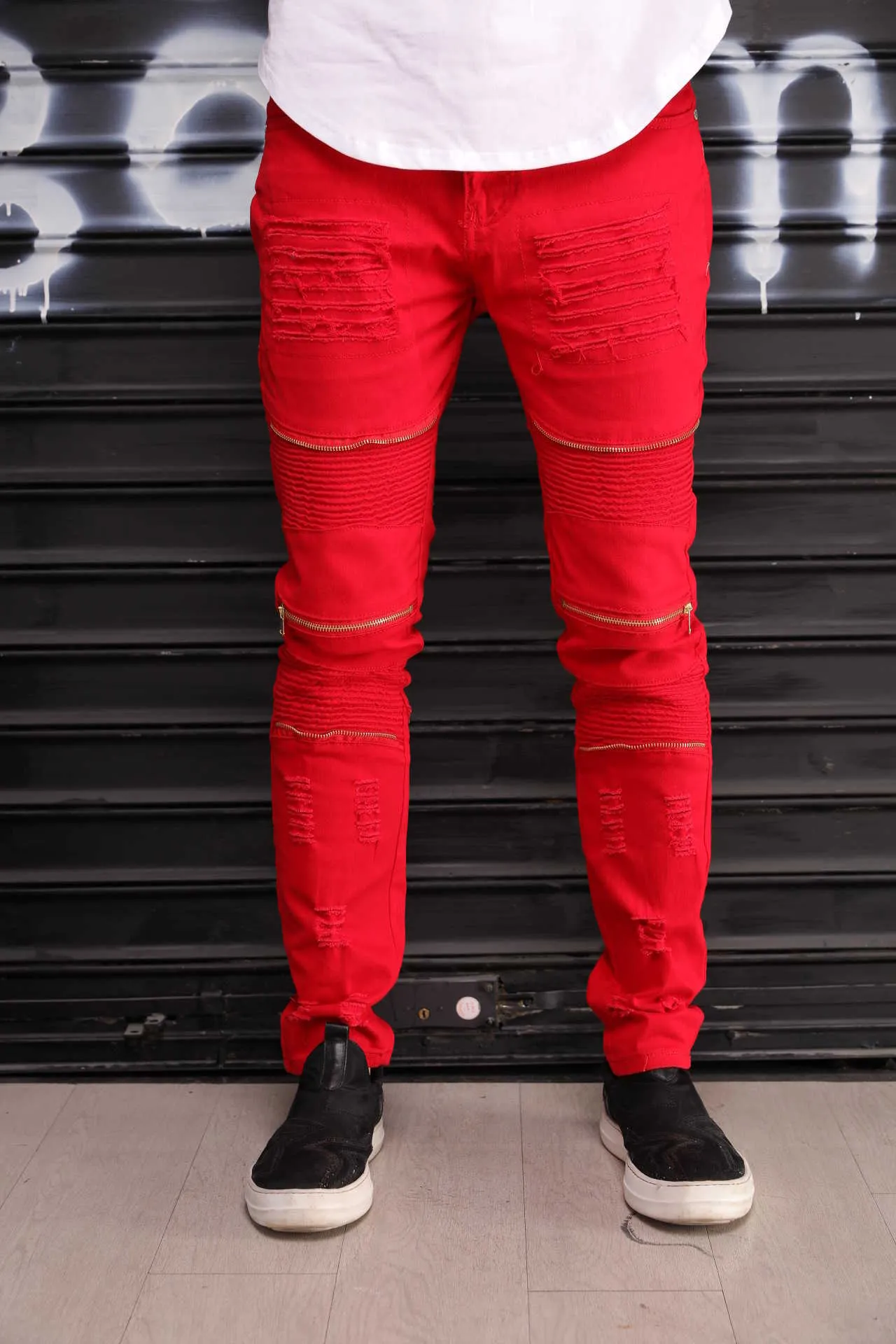 Uomo Retro Knee Rap Hole Zip Jeans slim larghi Moda Hip Hop Patch Distrutti Pantaloni strappati strappati in cotone denim più taglia più grande X0621