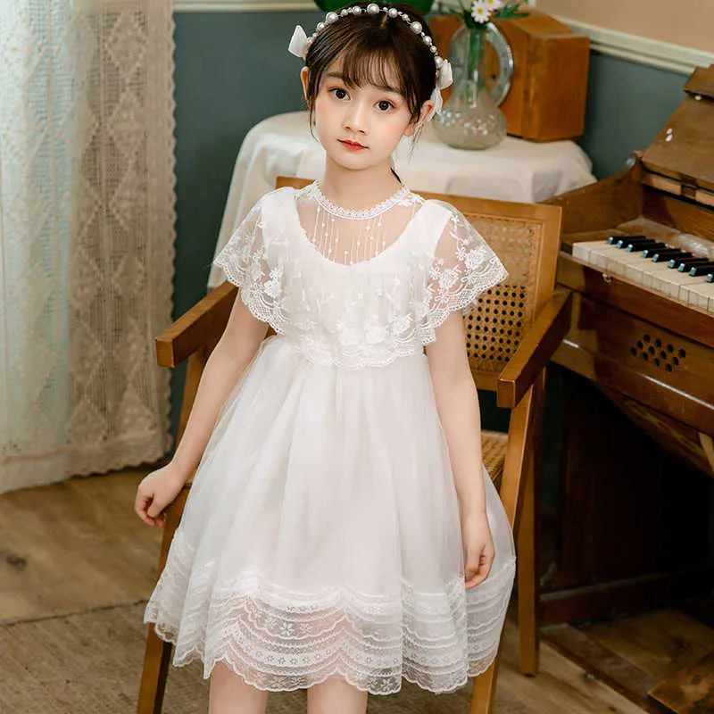 Fairy Girls Lace Princess Dress for Elder Emrbodiery Cape Sleeve Sundress with Waves Hemming Big Clothes 210529