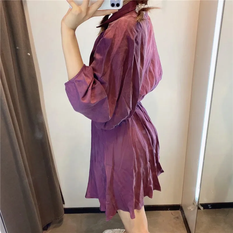 Purple Mini Shirt Dress Women Autumn Long Sleeve Collared Ruched Short Woman Elastic Waist Vintage Casual es 210519