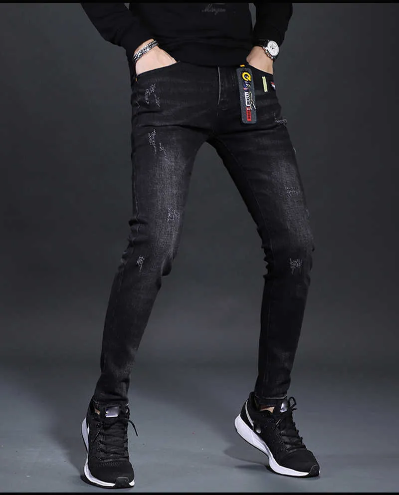 Jeans en denim noir extensible de haute qualité pour hommes, pantalons en jean à la mode Nobility Slim Fit, ClassicStylish; 211011
