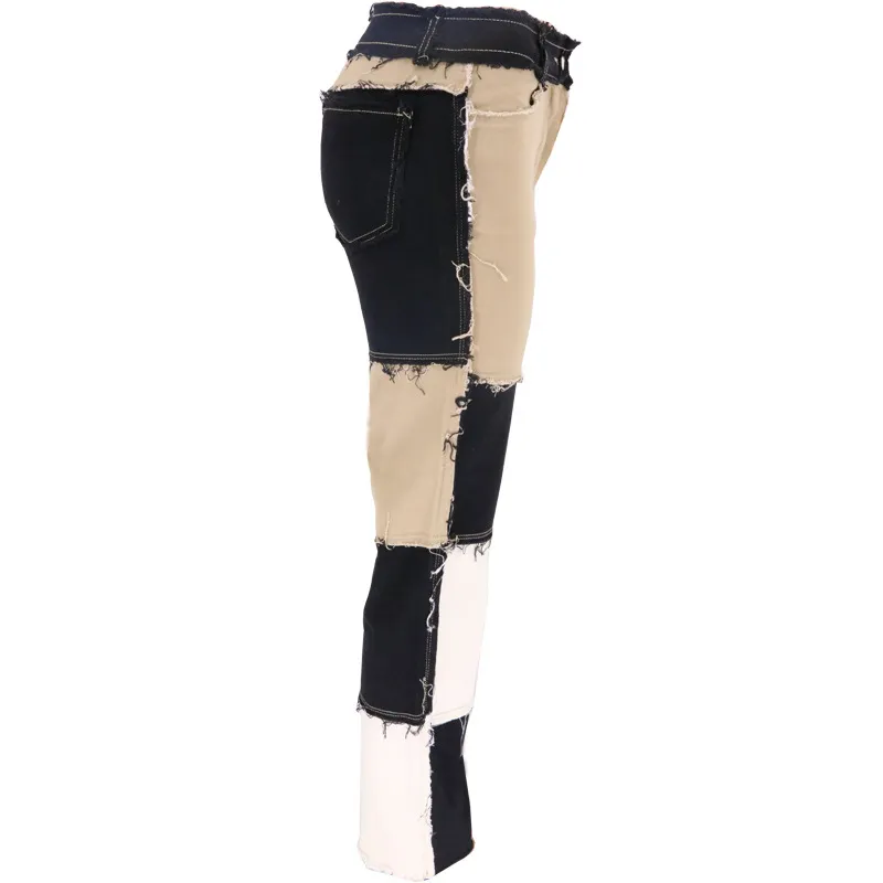 Jeans skinny a gamba dritta con bava patchwork Pantaloni denim a vita alta hip-hop donna sexy bianco nero a blocchi di colore vintage streetwear 210517