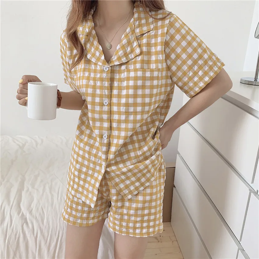 Plaid zomer chique vrouwen meisjes pyjama sets comfortabele nachtkleding allemaal match losse zoete homewear kleding 210525
