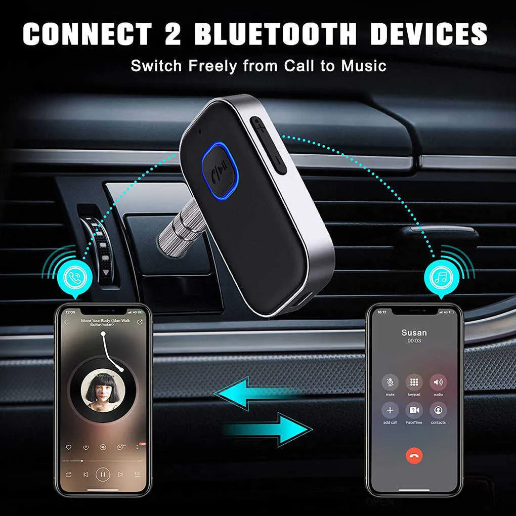 J22 Receptor AUX Wireless Bluetooth 5.0 Adaptador de carro Adaptador de áudio portátil 3,5 mm com microfone